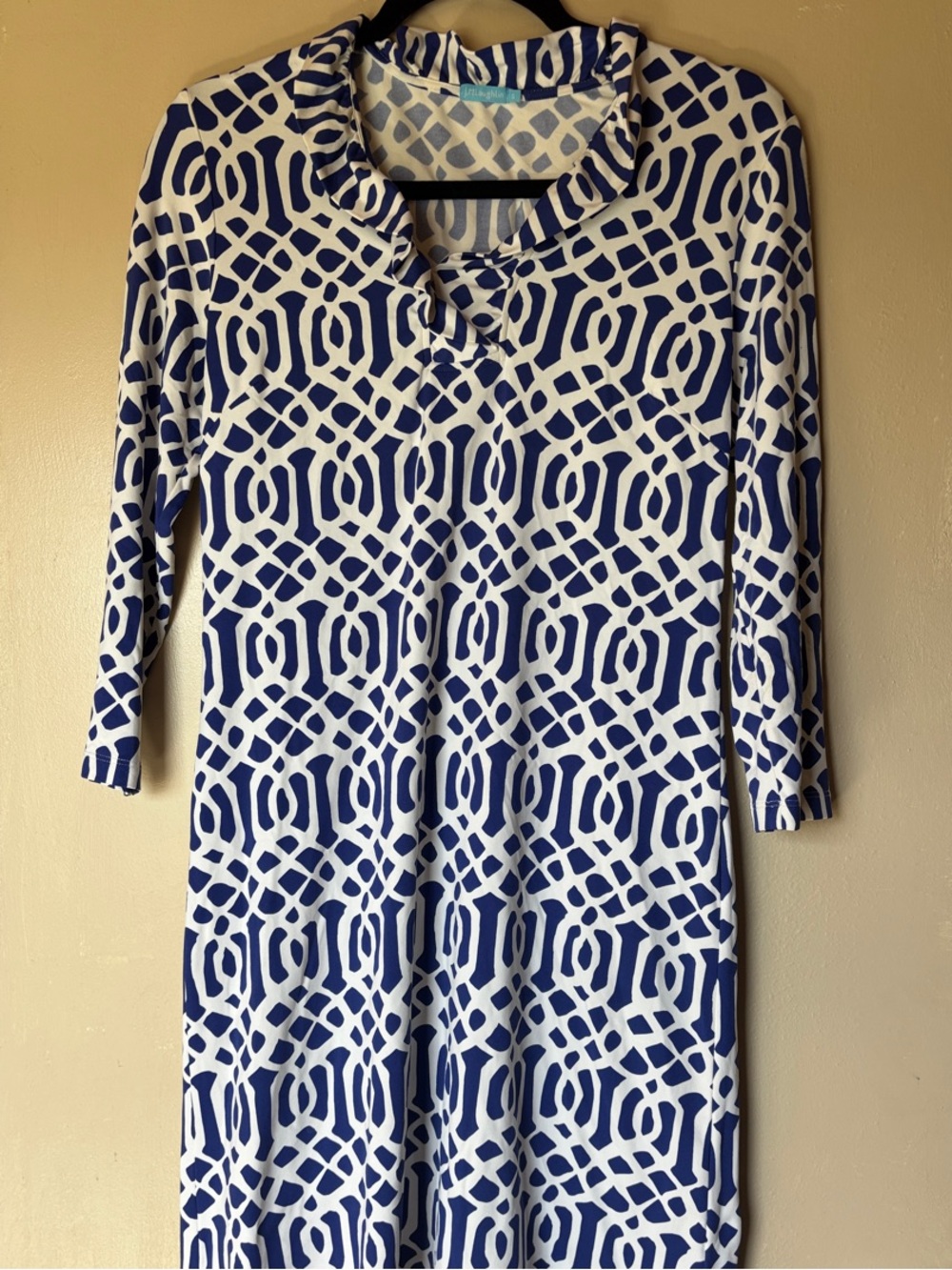 J. McLaughlin Navy and White Geometric Long-Sleeve Dress